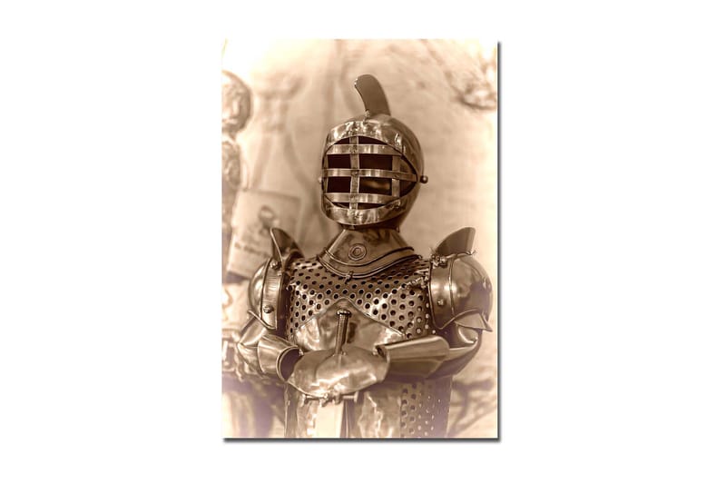 Canvastavla 70x100 cm - Medeltida riddare i rustning med ett karakteristiskt hjälmdesign, Silver / Grå / Brunt