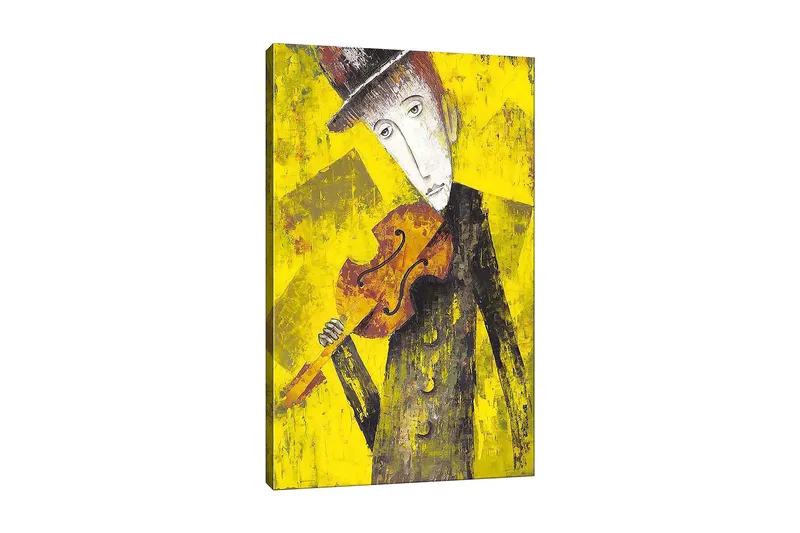 Canvastavla 70x100 cm - Melankolisk musiker som håller en fiol mot en starkt gul bakgrund, Gul / Svart / Brun