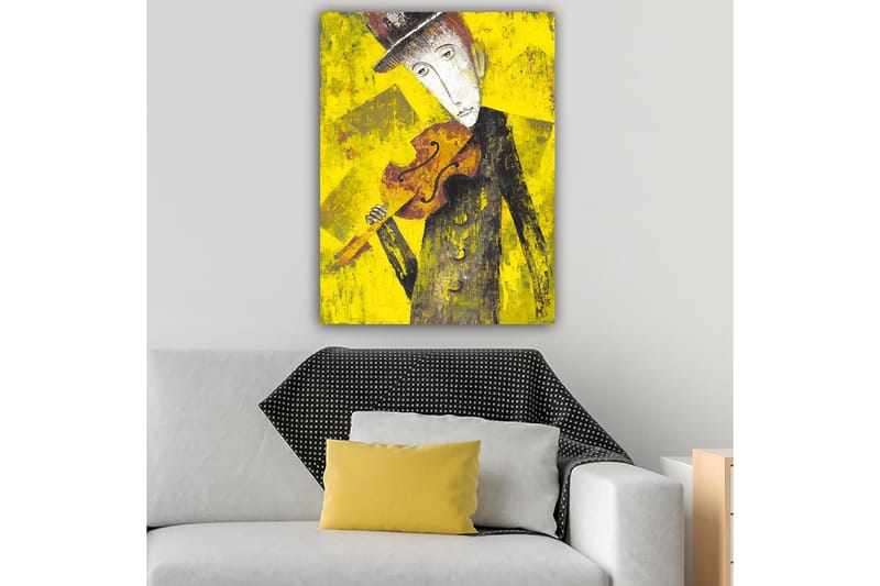 Canvastavla 70x100 cm - Melankolisk musiker som håller en fiol mot en starkt gul bakgrund - Gul / Svart / Brun - Inredning & dekor - Tavlor & konst - Canvastavla