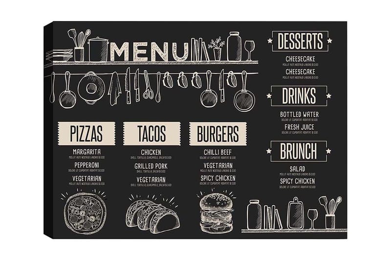 Canvastavla 70x100 cm - Meny med olika maträtter och drycker illustrerad i en stilren design - Svart / Beige - Inredning & dekor - Tavlor & konst - Canvastavla