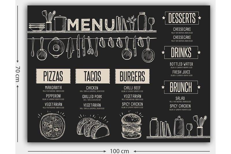 Canvastavla 70x100 cm - Meny med olika maträtter och drycker illustrerad i en stilren design - Svart / Beige - Inredning & dekor - Tavlor & konst - Canvastavla