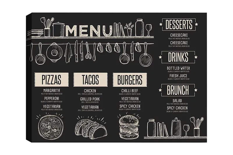Canvastavla 70x100 cm - Meny med olika maträtter och drycker illustrerad i en stilren design - Svart / Beige - Inredning & dekor - Tavlor & konst - Canvastavla