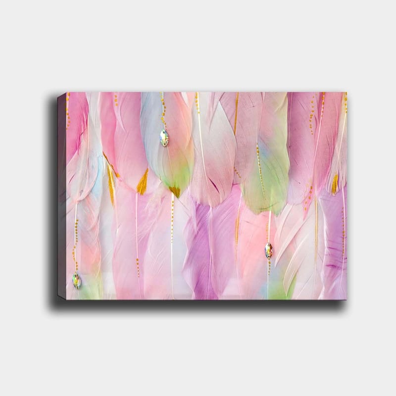 Canvastavla 70x100 cm - Mjuka fjädrar i pastellfärger som skapar en drömlik atmosfär - Ljusrosa / Mintgrön / Guld - Inredning & dekor - Tavlor & konst - Canvastavla
