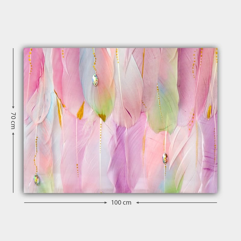 Canvastavla 70x100 cm - Mjuka fjädrar i pastellfärger som skapar en drömlik atmosfär - Ljusrosa / Mintgrön / Guld - Inredning & dekor - Tavlor & konst - Canvastavla