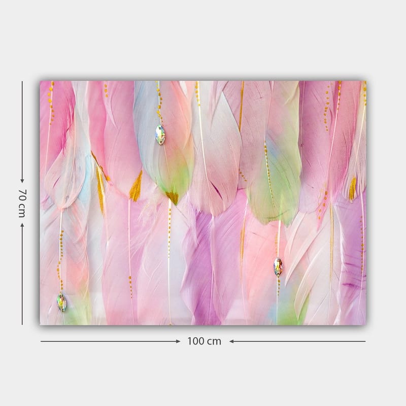 Canvastavla 70x100 cm - Mjuka fjädrar i pastellfärger som skapar en drömlik atmosfär - Ljusrosa / Mintgrön / Guld - Inredning & dekor - Tavlor & konst - Canvastavla
