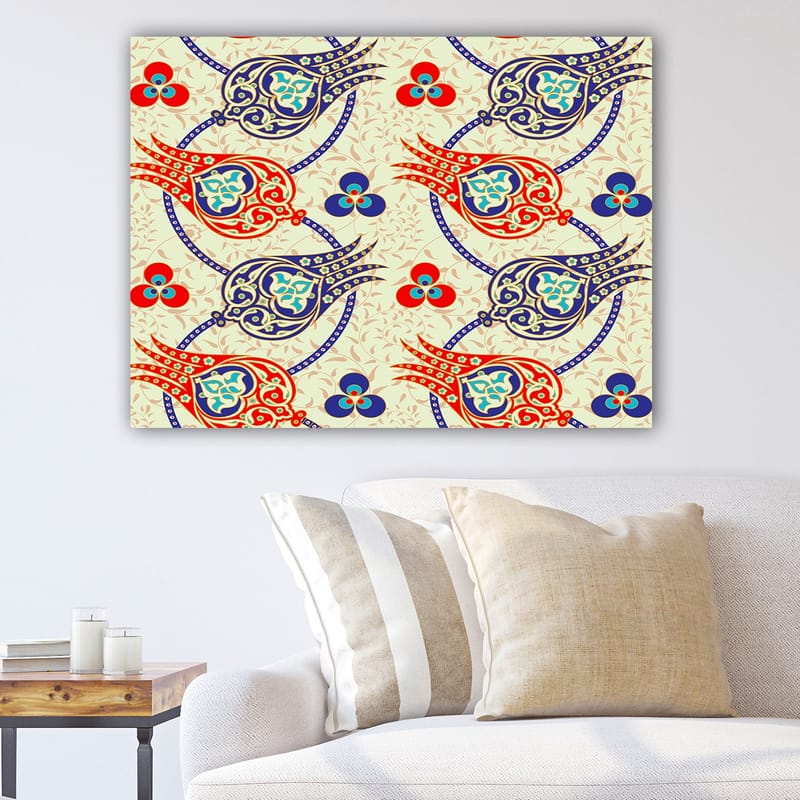 Canvastavla 70x100 cm - Mönster av stiliserade blommor och blad i livliga färger - Röd / Blå / Beige - Inredning & dekor - Tavlor & konst - Canvastavla