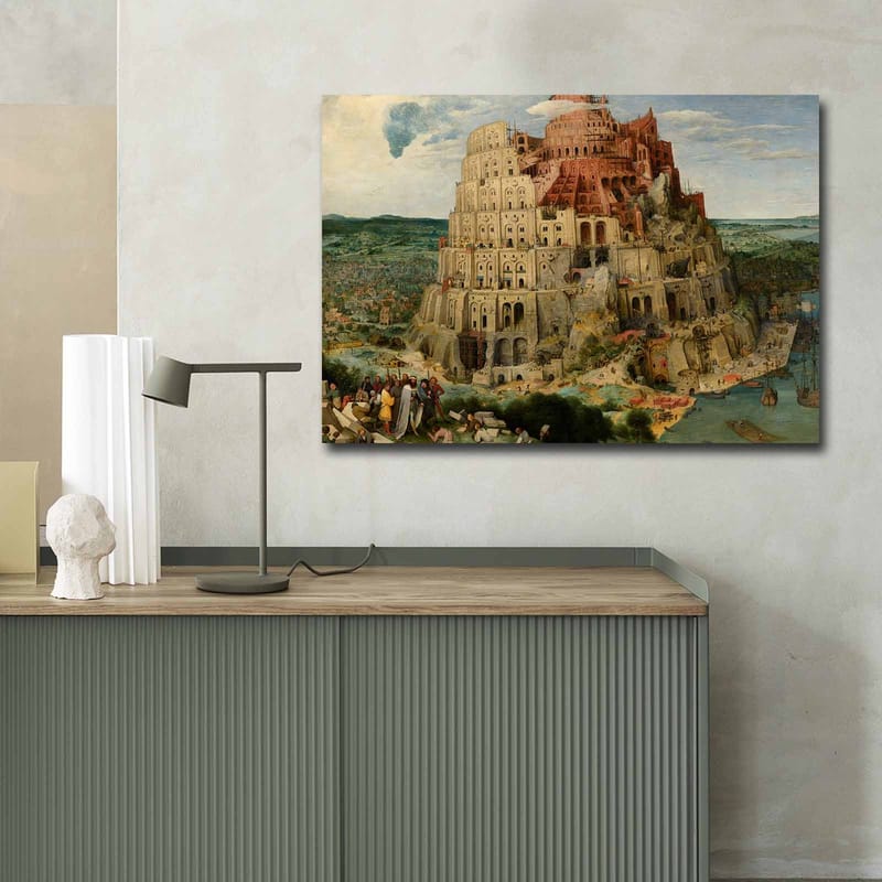 Canvastavla 70x100 cm - Monumental byggnad som representerar Babels torn, omgiven av landskap och människor - Röd / Beige / Grön - Inredning & dekor - Tavlor & konst - Canvastavla