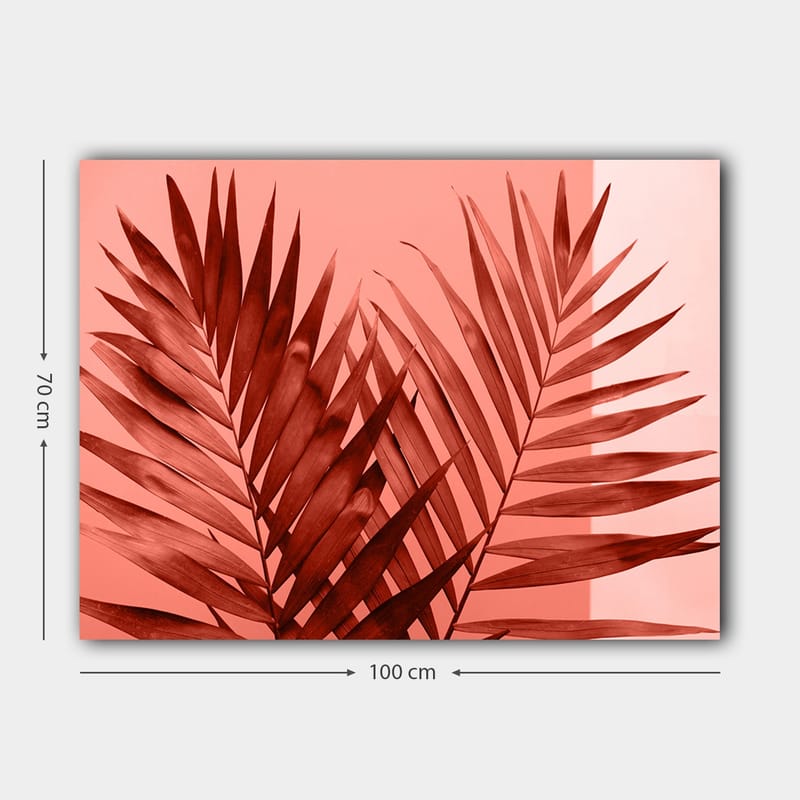 Canvastavla 70x100 cm - Mörka palmblad mot en ljus korallbakgrund - Mörkröd / Korall - Inredning & dekor - Tavlor & konst - Canvastavla