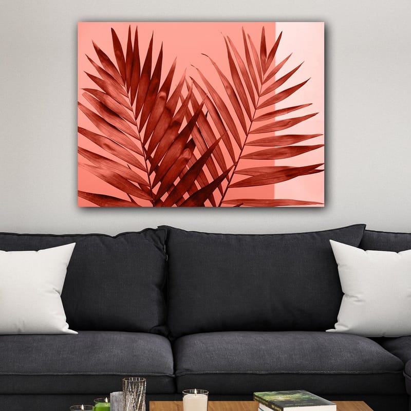 Canvastavla 70x100 cm - Mörka palmblad mot en ljus korallbakgrund - Mörkröd / Korall - Inredning & dekor - Tavlor & konst - Canvastavla