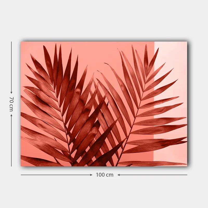 Canvastavla 70x100 cm - Mörka palmblad mot en ljus korallbakgrund - Mörkröd / Korall - Inredning & dekor - Tavlor & konst - Canvastavla