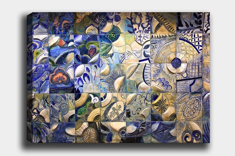 Canvastavla 70x100 cm - Mosaik av abstrakta former och mönster i blå och vita nyanser, Blå / Vit / Beige