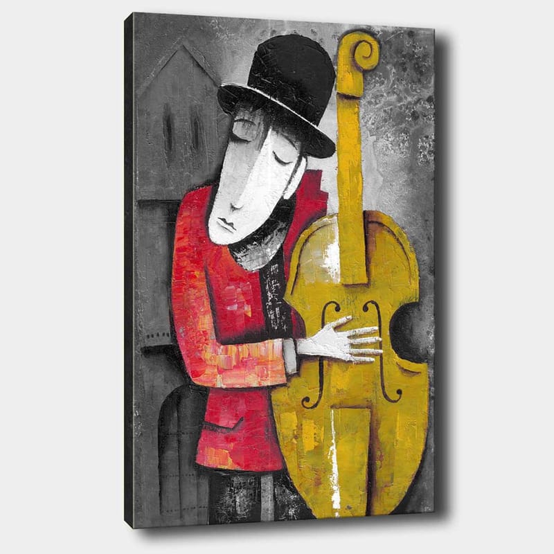 Canvastavla 70x100 cm - Musiker som omfamnar sin kontrabas i en stiliserad och färgglad komposition - Röd / Gul / Svart - Inredning & dekor - Tavlor & konst - Canvastavla