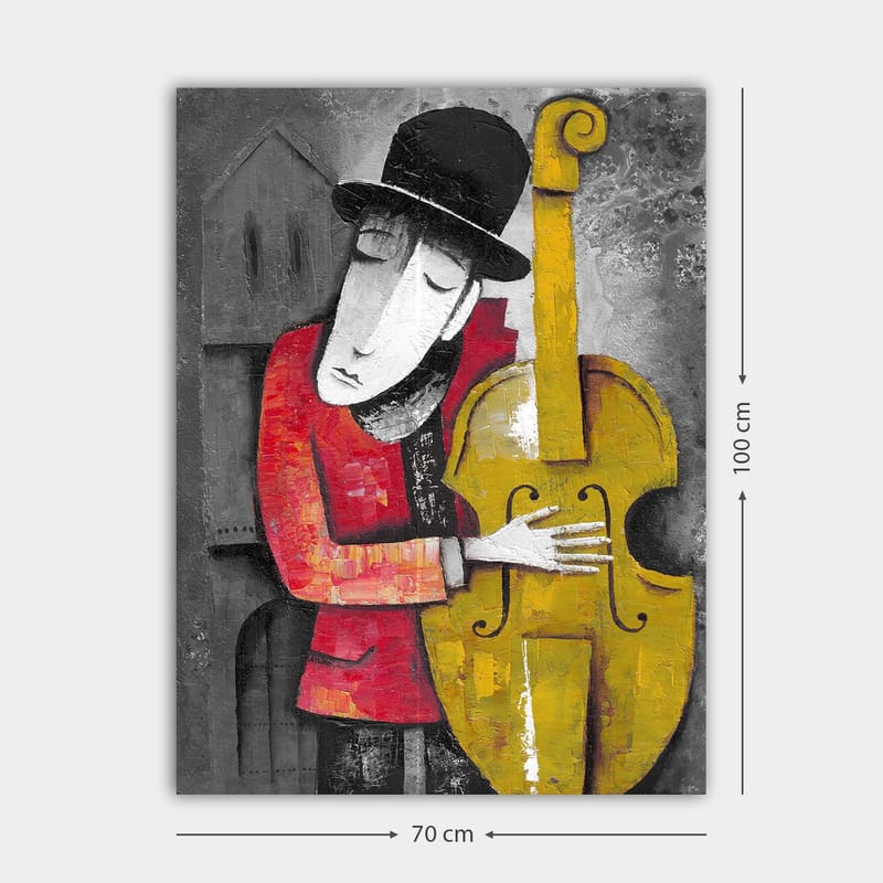 Canvastavla 70x100 cm - Musiker som omfamnar sin kontrabas i en stiliserad och färgglad komposition - Röd / Gul / Svart - Inredning & dekor - Tavlor & konst - Canvastavla