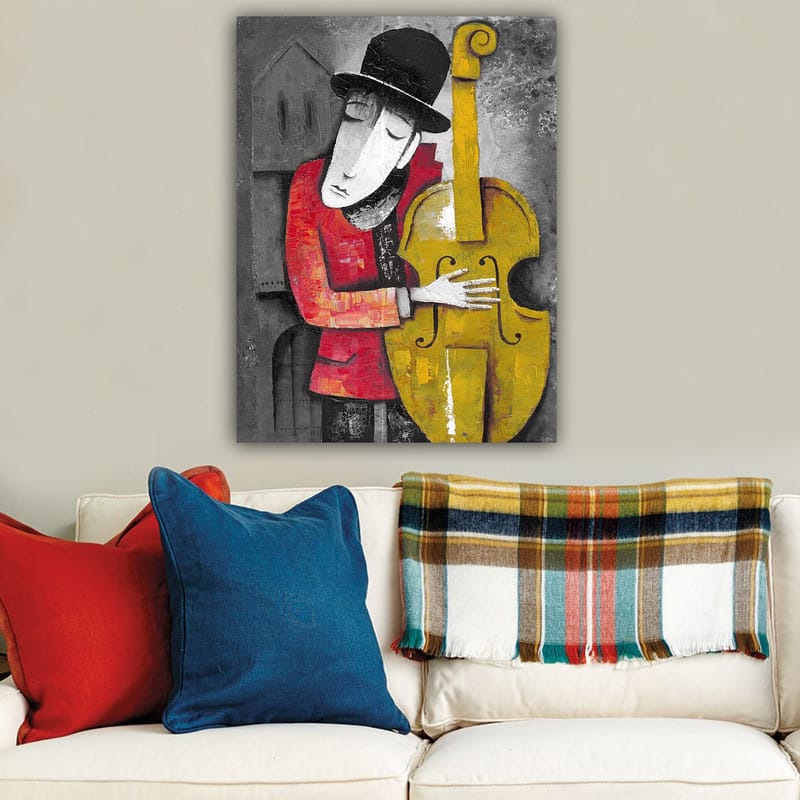 Canvastavla 70x100 cm - Musiker som omfamnar sin kontrabas i en stiliserad och färgglad komposition - Röd / Gul / Svart - Inredning & dekor - Tavlor & konst - Canvastavla