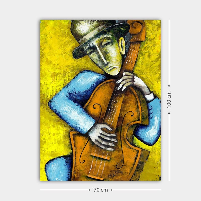 Canvastavla 70x100 cm - Musiker som spelar en kontrabas med en känslosam uttryck - Gult / Blått / Brunt - Inredning & dekor - Tavlor & konst - Canvastavla