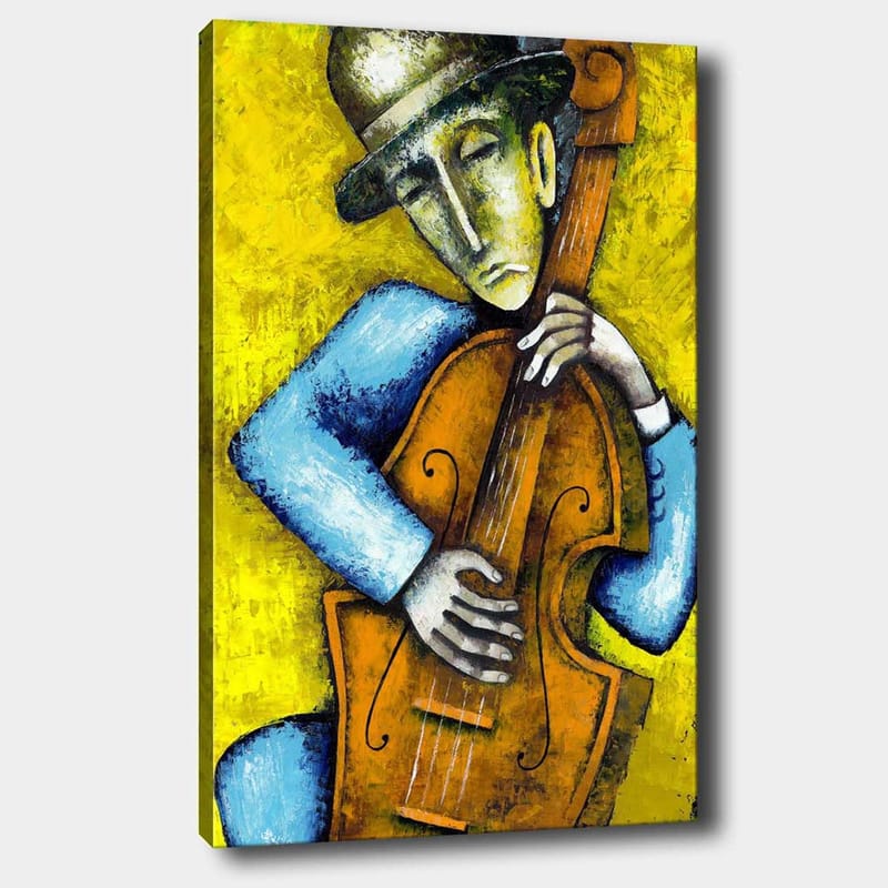 Canvastavla 70x100 cm - Musiker som spelar en kontrabas med en känslosam uttryck - Gult / Blått / Brunt - Inredning & dekor - Tavlor & konst - Canvastavla