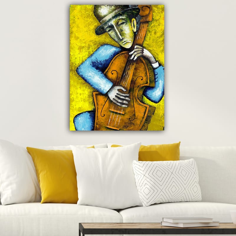 Canvastavla 70x100 cm - Musiker som spelar en kontrabas med en känslosam uttryck - Gult / Blått / Brunt - Inredning & dekor - Tavlor & konst - Canvastavla