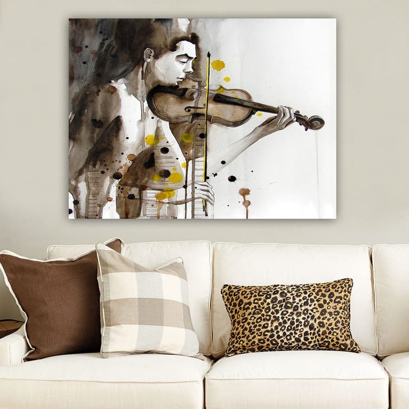 Canvastavla 70x100 cm - Musiker som spelar fiol, fångad i en känslomässig och uttrycksfull stil, Brun / Gul / Svart