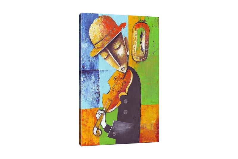 Canvastavla 70x100 cm - Musiker som spelar fiol, klädd i svart med en gul hatt, omgiven av färgglada geometriska former, Orange / Grön / Blå