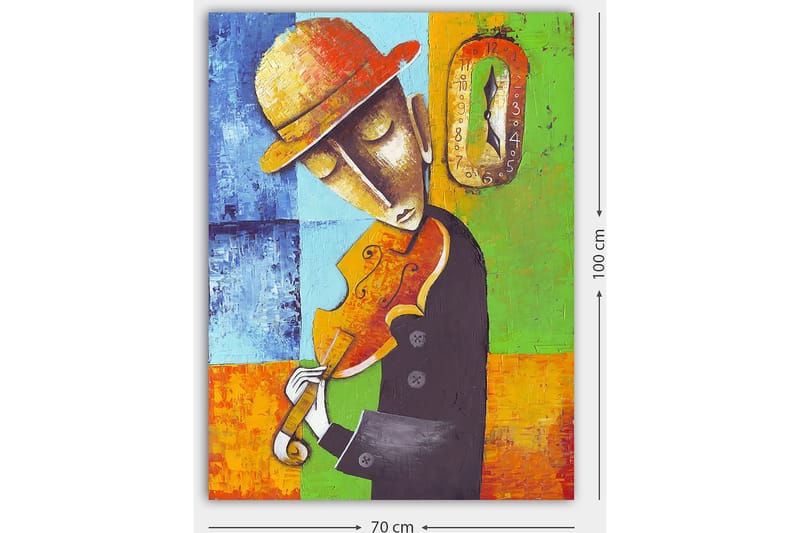 Canvastavla 70x100 cm - Musiker som spelar fiol, klädd i svart med en gul hatt, omgiven av färgglada geometriska former - Orange / Grön / Blå - Inredning & dekor - Tavlor & konst - Canvastavla