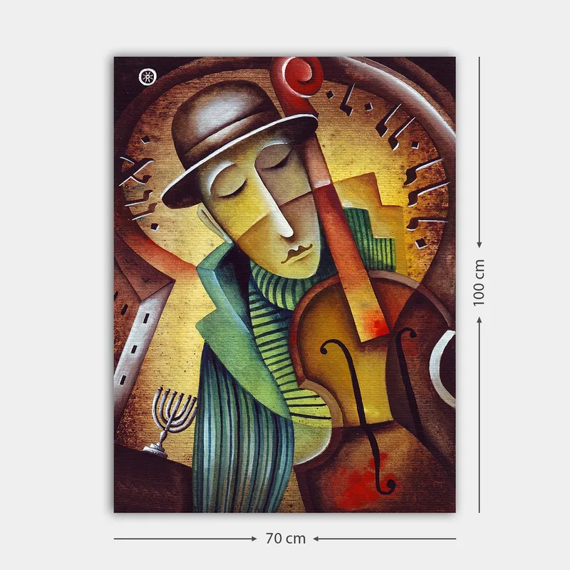 Canvastavla 70x100 cm - Musiker som spelar fiol med en melankolisk uttryck och en stiliserad bakgrund - Brun / Grön / Gul - Inredning & dekor - Tavlor & konst - Canvastavla