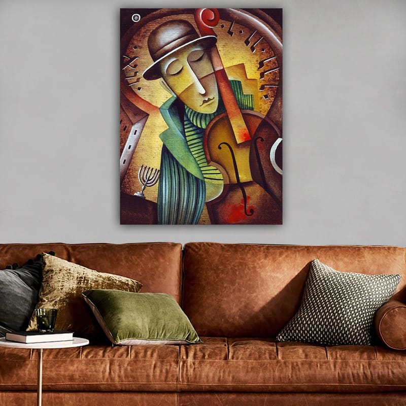Canvastavla 70x100 cm - Musiker som spelar fiol med en melankolisk uttryck och en stiliserad bakgrund - Brun / Grön / Gul - Inredning & dekor - Tavlor & konst - Canvastavla
