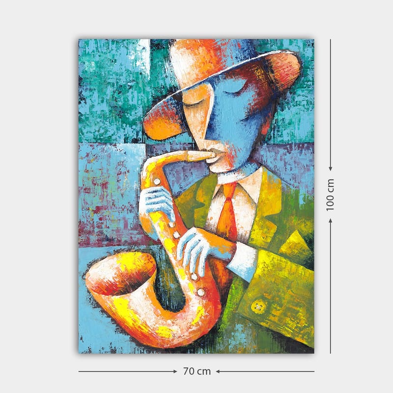 Canvastavla 70x100 cm - Musiker som spelar saxofon med en färgglad och stiliserad framtoning - Gul / Blå / Orange - Inredning & dekor - Tavlor & konst - Canvastavla