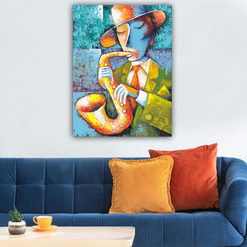 Canvastavla 70x100 cm - Musiker som spelar saxofon med en färgglad och stiliserad framtoning - Gul / Blå / Orange - Inredning & dekor - Tavlor & konst - Canvastavla