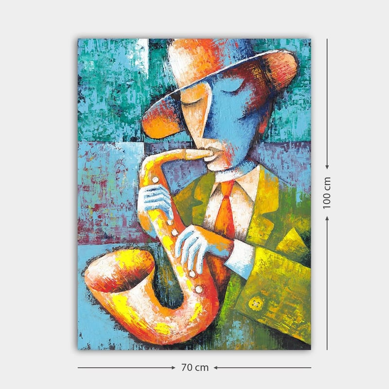 Canvastavla 70x100 cm - Musiker som spelar saxofon med en färgglad och stiliserad framtoning - Gul / Blå / Orange - Inredning & dekor - Tavlor & konst - Canvastavla
