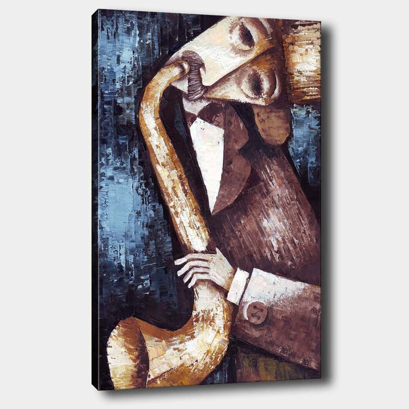 Canvastavla 70x100 cm - Musiker som spelar saxofon med en stiliserad och expressiv framtoning - Mörkblå / Beige / Brun - Inredning & dekor - Tavlor & konst - Canvastavla