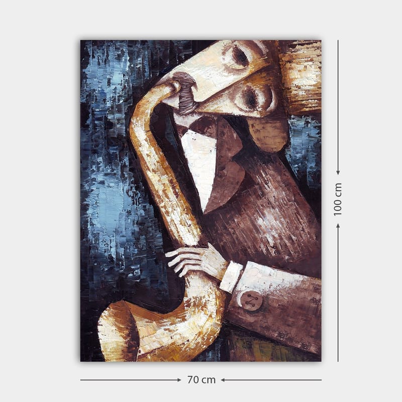 Canvastavla 70x100 cm - Musiker som spelar saxofon med en stiliserad och expressiv framtoning - Mörkblå / Beige / Brun - Inredning & dekor - Tavlor & konst - Canvastavla