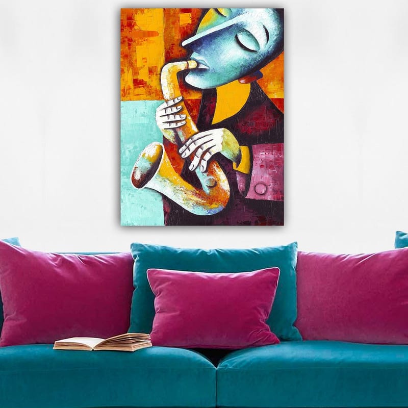 Canvastavla 70x100 cm - Musiker som spelar saxofon med ett uttrycksfullt ansiktsuttryck - Turkos / Orange / Svart - Inredning & dekor - Tavlor & konst - Canvastavla