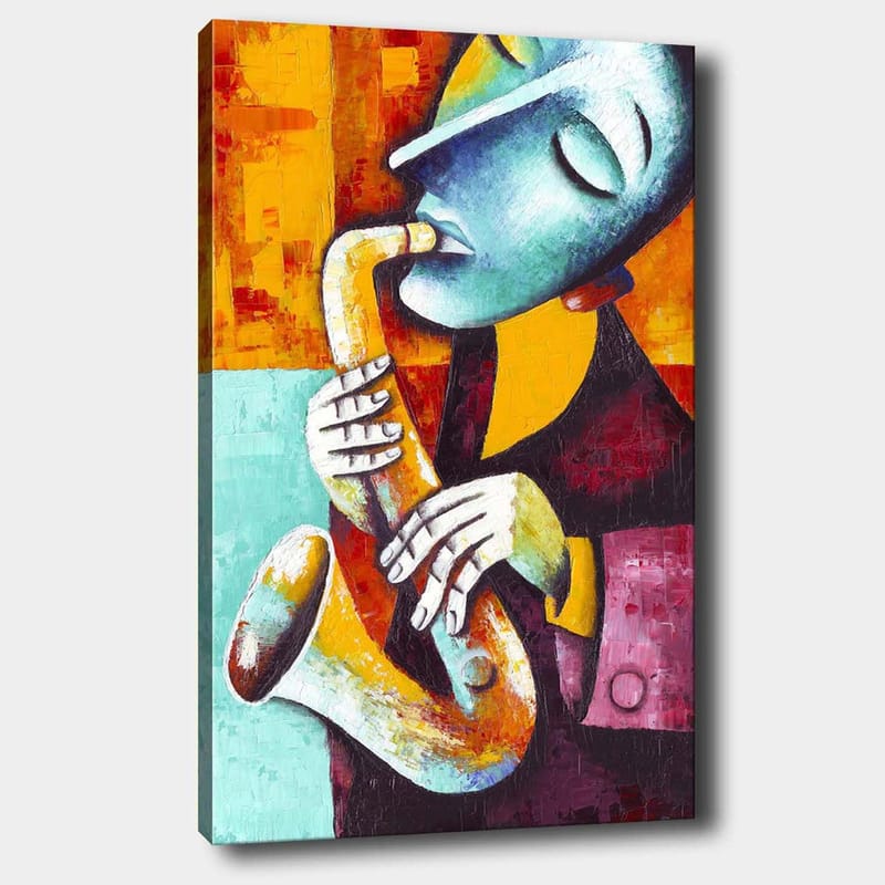 Canvastavla 70x100 cm - Musiker som spelar saxofon med ett uttrycksfullt ansiktsuttryck, Turkos / Orange / Svart