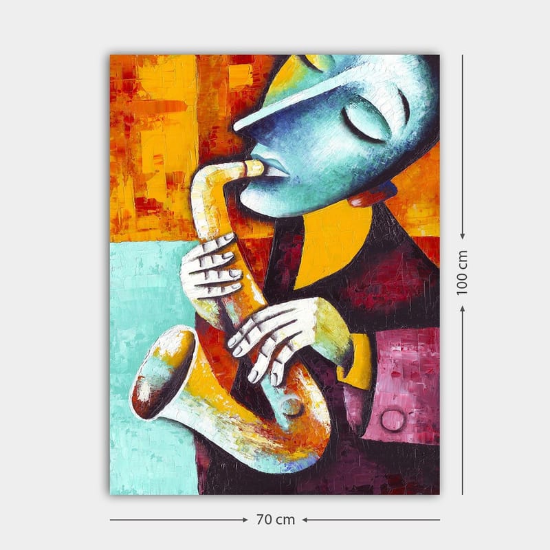 Canvastavla 70x100 cm - Musiker som spelar saxofon med ett uttrycksfullt ansiktsuttryck - Turkos / Orange / Svart - Inredning & dekor - Tavlor & konst - Canvastavla