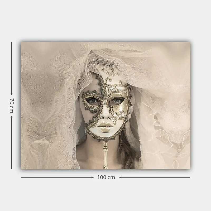 Canvastavla 70x100 cm - Mystisk kvinna med en detaljerad mask och slöja som skapar en drömlik atmosfär - Vit / Guld / Svart - Inredning & dekor - Tavlor & konst - Canvastavla