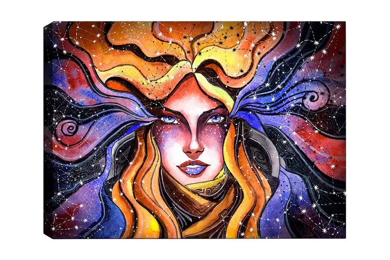 Canvastavla 70x100 cm - Mystisk kvinna med flödande hår som sträcker sig ut i en stjärnklar himmel, Orange / Lila / Guld