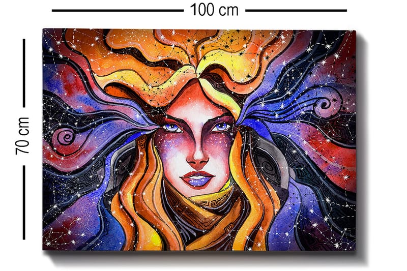 Canvastavla 70x100 cm - Mystisk kvinna med flödande hår som sträcker sig ut i en stjärnklar himmel - Orange / Lila / Guld - Inredning & dekor - Tavlor & konst - Canvastavla