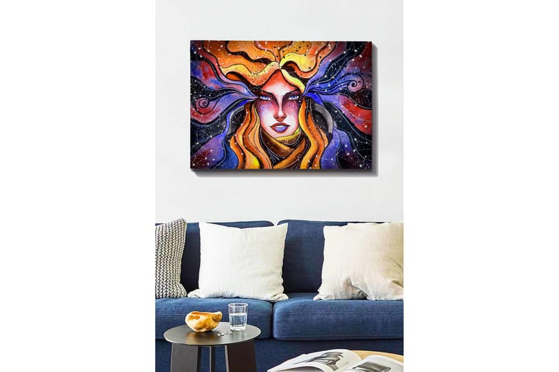 Canvastavla 70x100 cm - Mystisk kvinna med flödande hår som sträcker sig ut i en stjärnklar himmel - Orange / Lila / Guld - Inredning & dekor - Tavlor & konst - Canvastavla