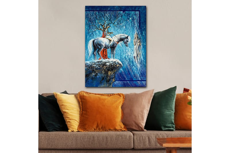 Canvastavla 70x100 cm - Mystisk scen med en häst och en kvinna i en drömlik miljö - Blå / Vit / Röd - Inredning & dekor - Tavlor & konst - Canvastavla