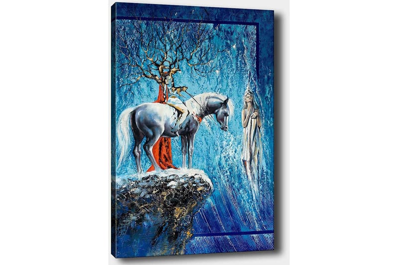 Canvastavla 70x100 cm - Mystisk scen med en häst och en kvinna i en drömlik miljö - Blå / Vit / Röd - Inredning & dekor - Tavlor & konst - Canvastavla