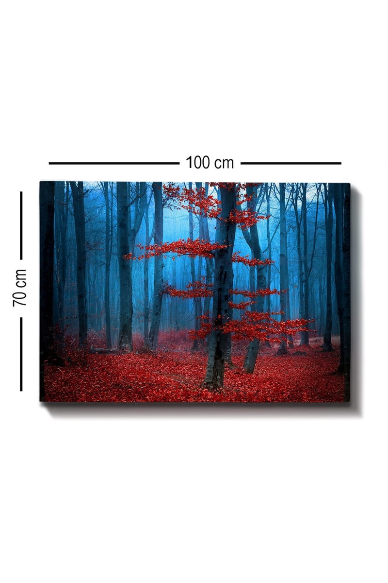 Canvastavla 70x100 cm - Mystisk skog med ett ensamt rött träd i en dimmig omgivning - Röd / Blå - Inredning & dekor - Tavlor & konst - Canvastavla