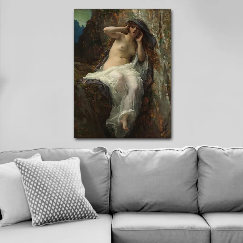 Canvastavla 70x100 cm - Naken kvinna sitter på en klippa med en dramatisk och uttrycksfull pose, Beige / Vit / Mörkgrå