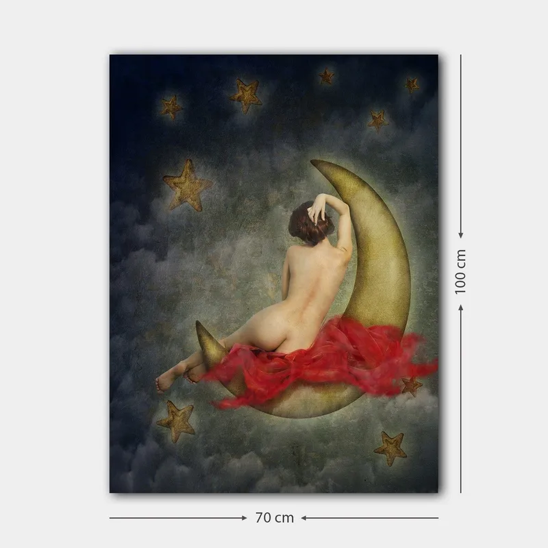Canvastavla 70x100 cm - Naken kvinna sitter på en halvmåne omgiven av stjärnor och moln - Guld / Röd / Beige - Inredning & dekor - Tavlor & konst - Canvastavla