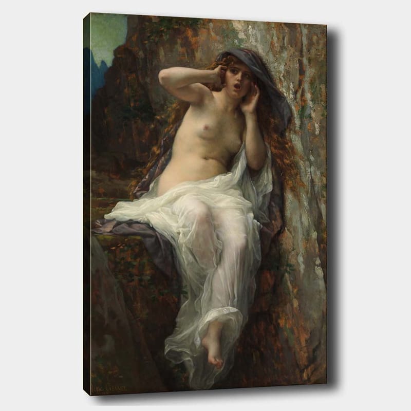 Canvastavla 70x100 cm - Naken kvinna sitter på en klippa med en dramatisk och uttrycksfull pose - Beige / Vit / Mörkgrå - Inredning & dekor - Tavlor & konst - Canvastavla