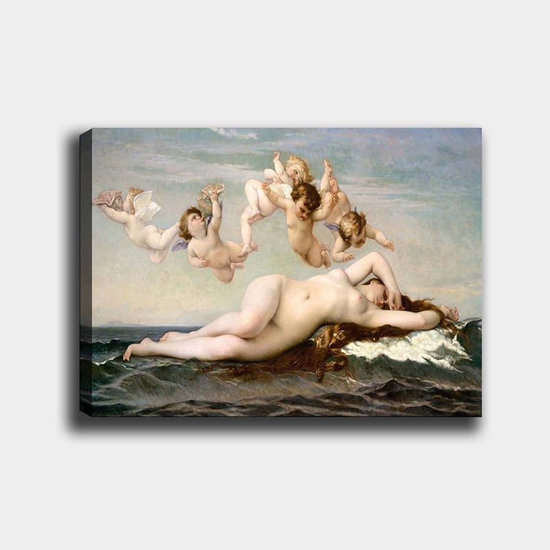 Canvastavla 70x100 cm - Naken kvinna som ligger på havets vågor omgiven av lekfulla änglar, Beige / Himmelsblå / Havsgrön