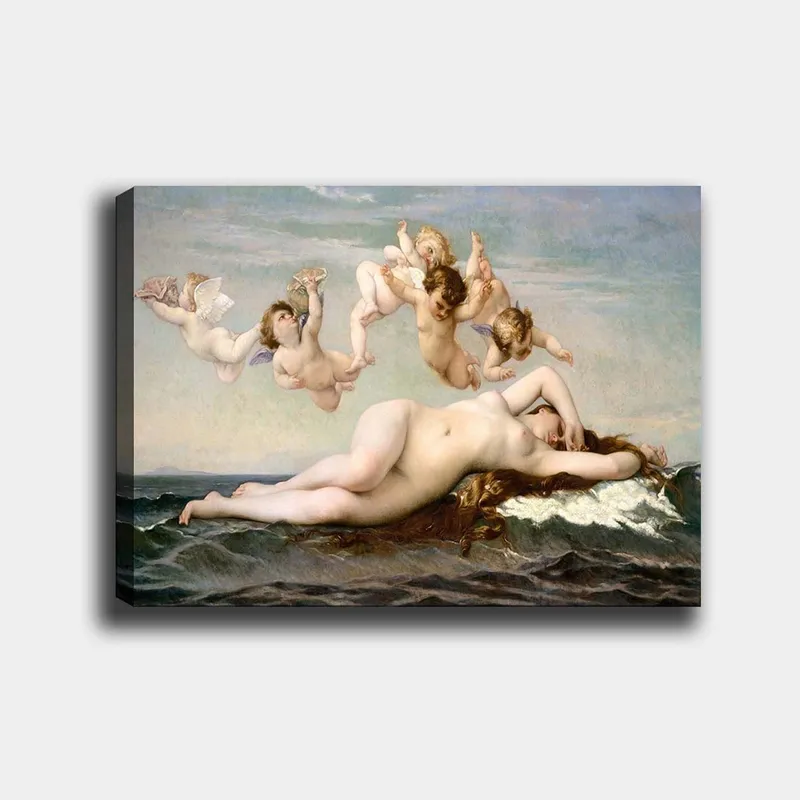 Canvastavla 70x100 cm - Naken kvinna som ligger på havets vågor omgiven av lekfulla änglar, Beige / Himmelsblå / Havsgrön