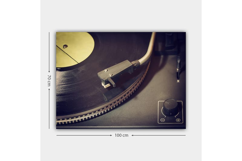 Canvastavla 70x100 cm - Närbild av en skivspelare med en vinylskiva och tonarm - Svart / Grå / Gul - Inredning & dekor - Tavlor & konst - Canvastavla