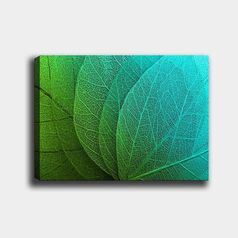 Canvastavla 70x100 cm - Närbild av gröna och turkosa löv med detaljerad ådring, Grön / Turkos