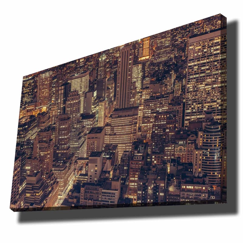 Canvastavla 70x100 cm - Nattvy av en storstad med glittrande ljus från byggnader och gator - Mörkblå / Guld / Grå - Inredning & dekor - Tavlor & konst - Canvastavla