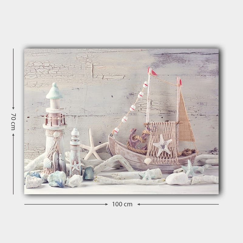 Canvastavla 70x100 cm - Nautisk komposition med en båt, sjöstjärnor och lanternor i en maritim stil - Blå / Vit / Beige - Inredning & dekor - Tavlor & konst - Canvastavla